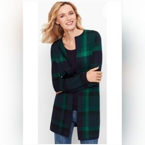 Talbots Merino Wool Plaid Cardigan Sweater Open Front Green Blue Women's Large L